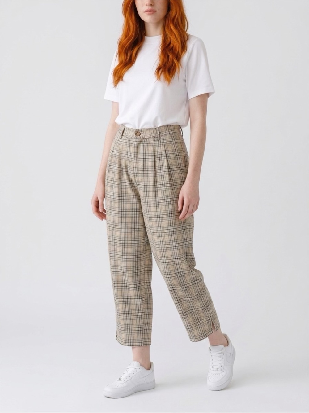 Stussy Women's Cream Plaid Pleated Front Tapered Crop Streetwear Pants | Size 10
